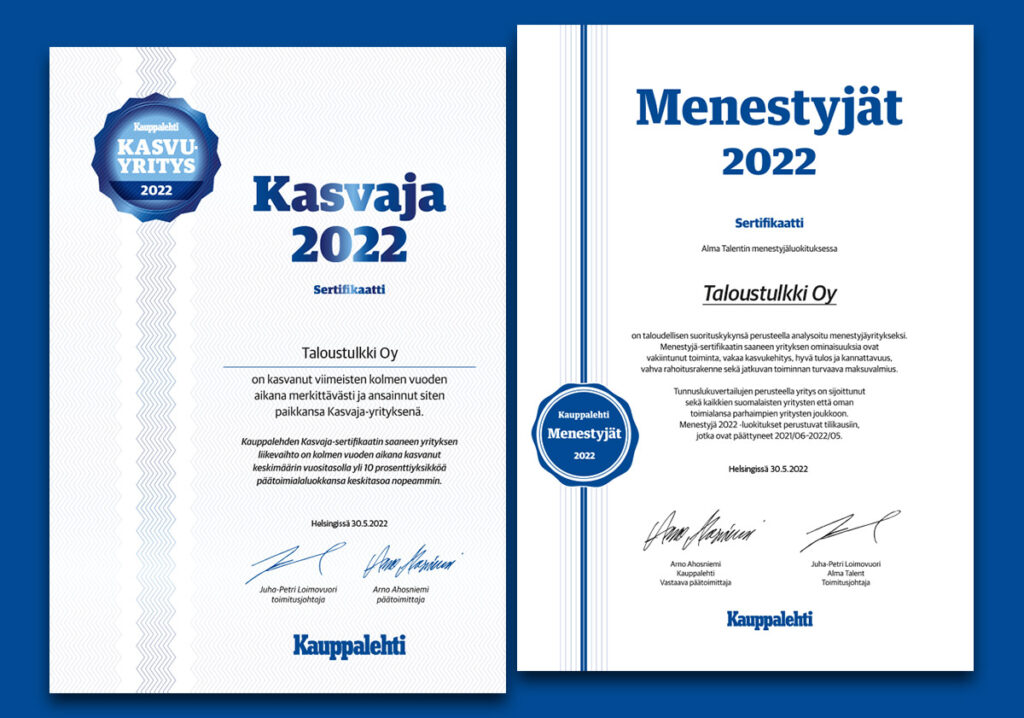 Kasvaja 2022 ja Menestyjät 2022 sertifikaatit